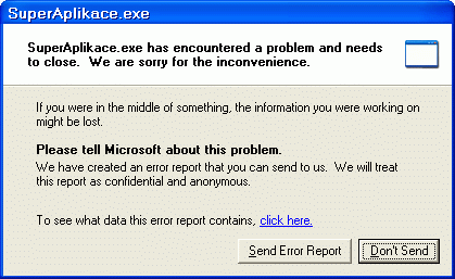 Oznámení o pádu aplikace ve Windows XP